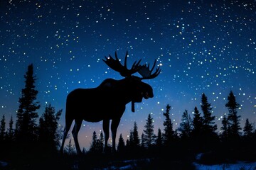 Silhouette of a moose with smoke antlers under a starry night wilderness spirit.