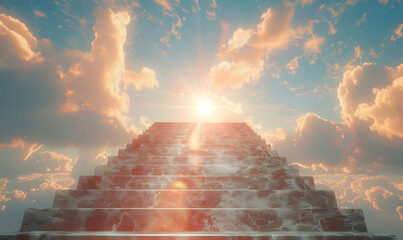 Illustration of a stairway ascending towards heavenly realms with a bright sky, clouds, and sun shining through the stairway. Symbolizing spiritual transcendence and enlightenment. 