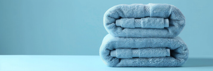 three neatly folded light blue towels stacked on blue background .banner