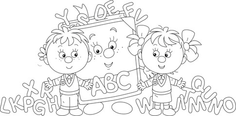 Happy little first graders and a funny cartoon character ABC book with toy letters of alphabet, black and white vector illustration for a coloring book