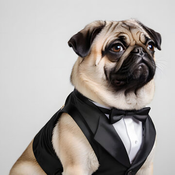 A chubby pug dog wearing groom uniform, isolated on grey background, profile picture