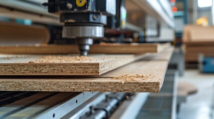 Industrial woodworking. Close-up view of a CNC machine cutting sheets of chipboard, showcasing the precision of modern automated carpentry technology.