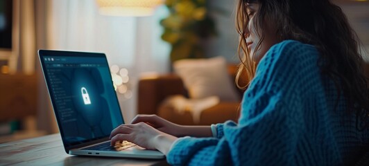 Woman in a blue sweater engaged in secure online activities on her laptop displaying a privacy lock icon. Concept of cybersecurity in a home environment.