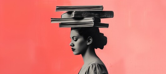 Knowledge concept with a vintage touch. A profile portrait of a woman with a stack of monochrome books balanced on her head against a coral background. - obrazy, fototapety, plakaty