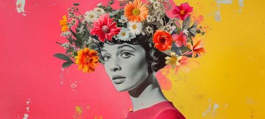 Spring concept with a retro flair. A monochrome woman's portrait is adorned with a vibrant crown of assorted flowers, set against a split pink and yellow background with splatter textures.
