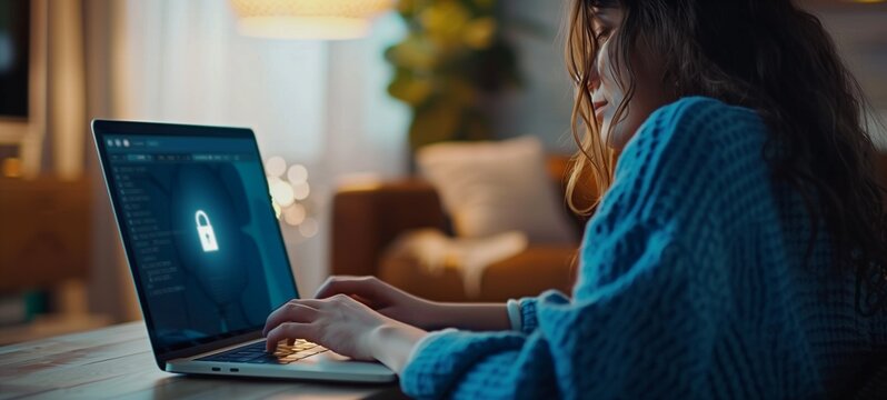 Woman in a blue sweater engaged in secure online activities on her laptop displaying a privacy lock icon. Concept of cybersecurity in a home environment.