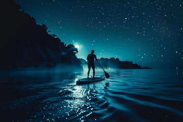 Silhouette of a paddleboarder with smoke wake under a starry night serene glide. - obrazy, fototapety, plakaty