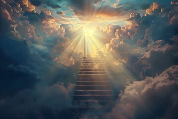 Illustration of a stairway ascending towards heavenly realms with a bright sky, clouds, and sun shining through the stairway. Symbolizing spiritual transcendence and enlightenment. 