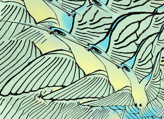 Yellow-blue birds with open fan-shaped wings. Sunny flying fishes. Positive pattern with azure splashes for Happy Earth Day. Digital illustration for World Migratory Bird Day. Fractal animal ornament.