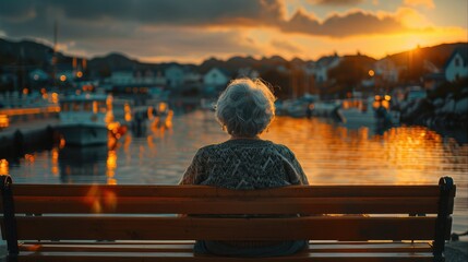 Rear view. Portray an old woman with grey hair sitting on a bench in a harbor during sunset. Generative AI. - obrazy, fototapety, plakaty