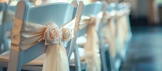 The gesture of decorating a row of chairs with ribbons and flowers for a wedding ceremony is an artful touch to the event. The electric blue ribbons add a pop of color to the room - obrazy, fototapety, plakaty