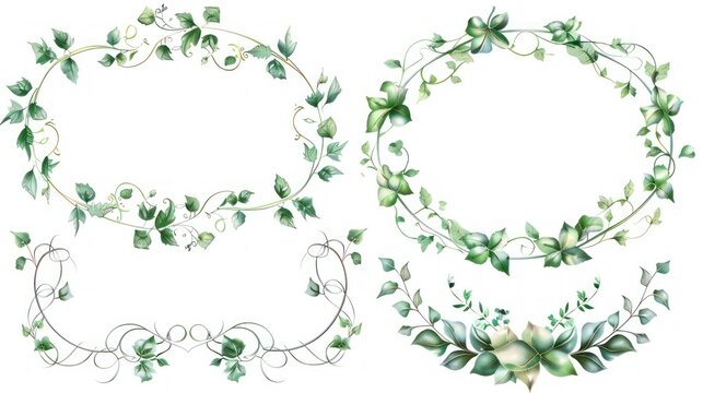 Beautiful green floral frames with leaves on white background. AI generated image