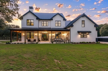 Fototapeta na wymiar A beautiful two story modern farmhouse home with white paint and black trim, large open concept living room with a dark blue grey metal roof,