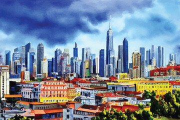 Beautiful city skyline view oil painting. Oil paintings city landscape. Skyline city view. city landscape painting, background of paint. City landscape with beautiful buildings, roads.