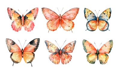 Peach, orange watercolor aquarelle butterfly set butterflies isolated on transparent background clipart