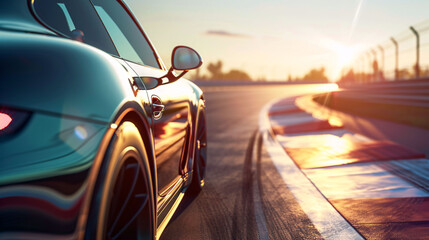 Fototapeta na wymiar a car with its mirror reflecting the sun on an empty track