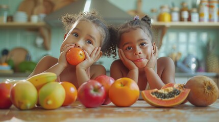 Two Little Girls With Fruits and Vegetables