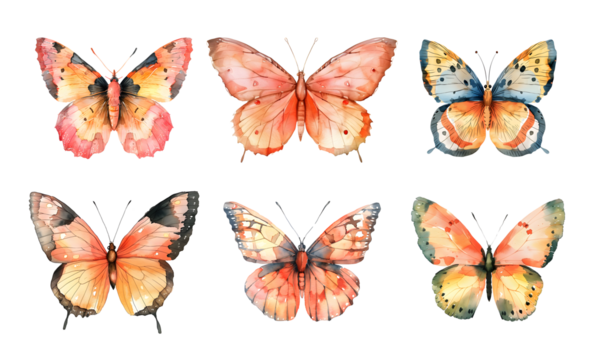 Peach, orange watercolor aquarelle butterfly set butterflies isolated on transparent background clipart
