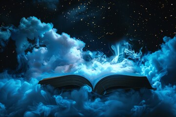 Silhouette of an open book with smoke stories under a starry night imaginative journey.
