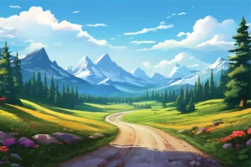 Foto op Canvas Mountain landscape with green hills  sandy road and natural valley. Vector picturesque place background.  scenic hills  spring or summer nature. Beautiful Nature . Mountain landscape. Illustration.  © Usama