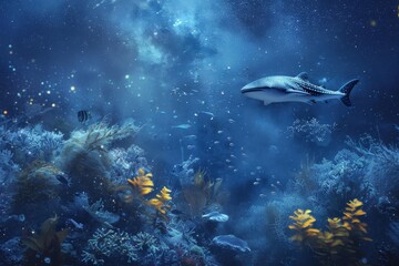 Naklejka na ściany i meble Underwater scene with marine life and smoke-like sea mist under a starlit night sky
