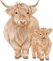 mom and baby highland cow cartoon