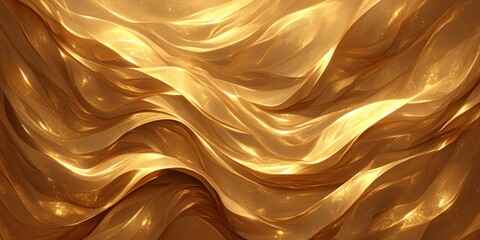 Golden wavy cloth, creating an abstract and luxurious atmosphere. The gold material appears flowing and ethereal, with a sense of depth that adds to its allure.  - obrazy, fototapety, plakaty