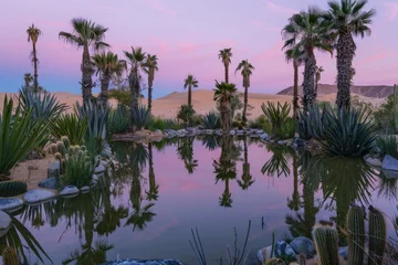 Deurstickers Serene desert oasis captured in the tranquil light of twilight - Palm trees frame a small crystal clear pond reflecting the soft pastel colors of the evening Sky created with Generative AI Technology © Generative Plants