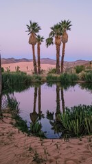 Fototapeta na wymiar Serene desert oasis captured in the tranquil light of twilight - Palm trees frame a small crystal clear pond reflecting the soft pastel colors of the evening Sky created with Generative AI Technology