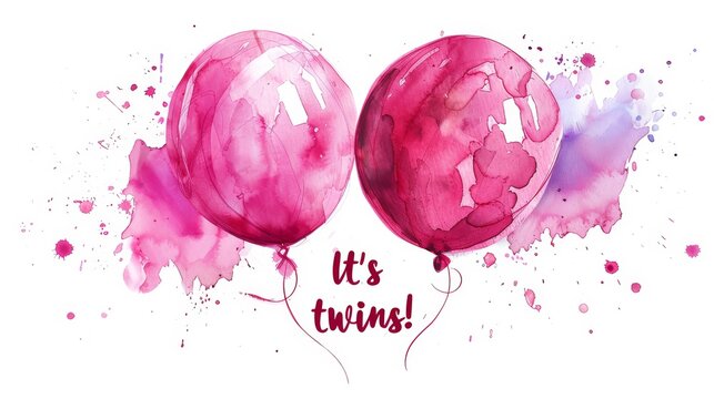 Pregnancy announcement concept illustration. Baby gender reveal party concept. Two watercolor painted balloons with paint splashes. Pink colored - for twin girls.