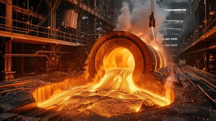 Colossal electric blast furnace churns out molten metal in the factory. Generative AI.
