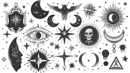 Modern abstract zodiac symbols set. Hand drawn magic vintage signs.
