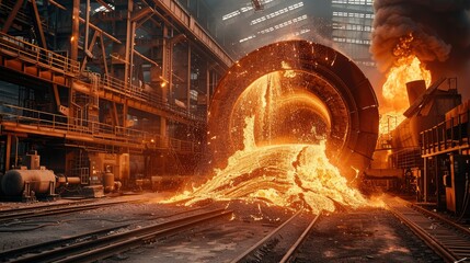 Colossal electric blast furnace churns out molten metal in the factory. Generative AI. - obrazy, fototapety, plakaty