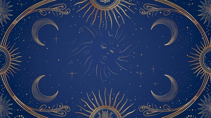 A template for astrology, divination, and magic. There is a crescent moon and sun with a moon on a blue background. Esoteric modern illustration.