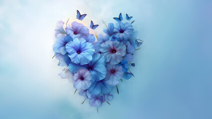 Schöne Blumen in blau zum Muttertag und Valentinstag als Hintergrund für Webdesign und Drucksachen Querformat für Banner mit Platzhalter, ai generativ