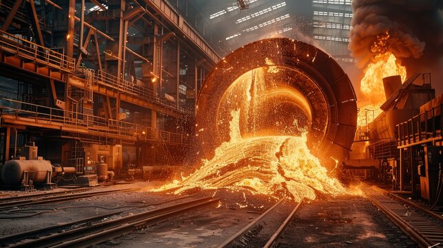 Colossal electric blast furnace churns out molten metal in the factory. Generative AI.