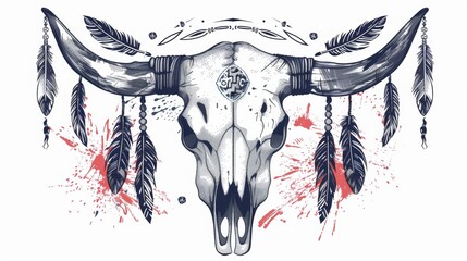 In this poster, postcard, invitation design, you can show off your boho chic, ethnic, native american or mexican bull skull with feathers on the horns and traditional ornamentation. - obrazy, fototapety, plakaty