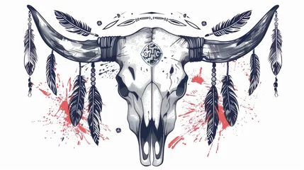 Foto auf Acrylglas Boho-Stil In this poster, postcard, invitation design, you can show off your boho chic, ethnic, native american or mexican bull skull with feathers on the horns and traditional ornamentation.