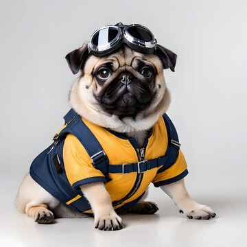 A chubby pug dog wearing aeroplane pilot outfit, isolated on grey background, profile picture