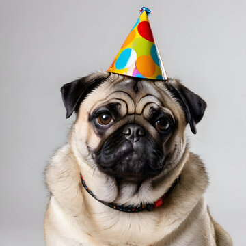A chubby pug dog put on a party hat, isolated on grey background, profile picture