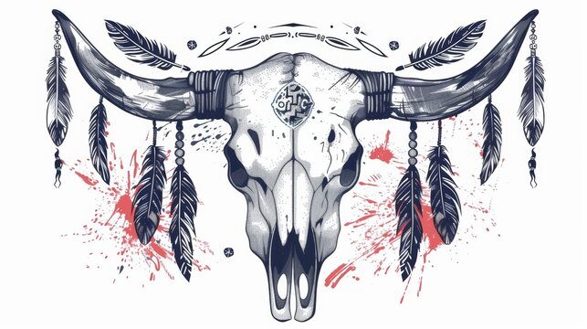 In this poster, postcard, invitation design, you can show off your boho chic, ethnic, native american or mexican bull skull with feathers on the horns and traditional ornamentation.