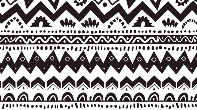 Pattern hand drawn using zigzag and stripe lines. Modern illustration for tribal design. Black and white colors. For textile, wallpaper, wrapping paper.