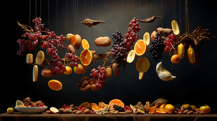Dried fruits and nuts suspended in midair creating - obrazy, fototapety, plakaty