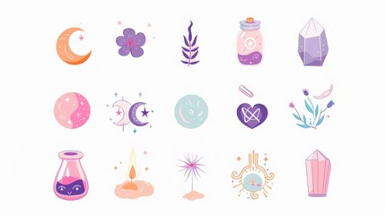 A modern witch and magic collection with: a magic potion, a moon, sand flowers, an infinity sign, a crystal, a heart, and a crystal ball