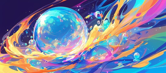A colorful rainbow liquid inside a sphere with bubbles and swirls