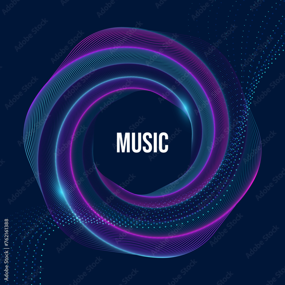 Poster Equalizer glowing circle flowing blue purple lines. Radial sound wave curve with light particles on isolated background. Abstract colorful cover design template of music poster, banner.