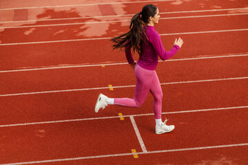 A fast sportswoman is running at stadium.