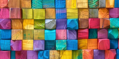 A colorful background of wooden blocks arranged in an orderly pattern - obrazy, fototapety, plakaty