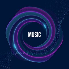 Equalizer glowing circle flowing blue purple lines. Radial sound wave curve with light particles on isolated background. Abstract colorful cover design template of music poster, banner.