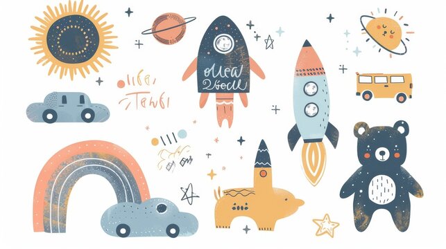 Cartoon Bohemian nursery posters with cute characters for children's bedrooms. Sun, rainbow, bear, cars, ships, space, rockets, stars.